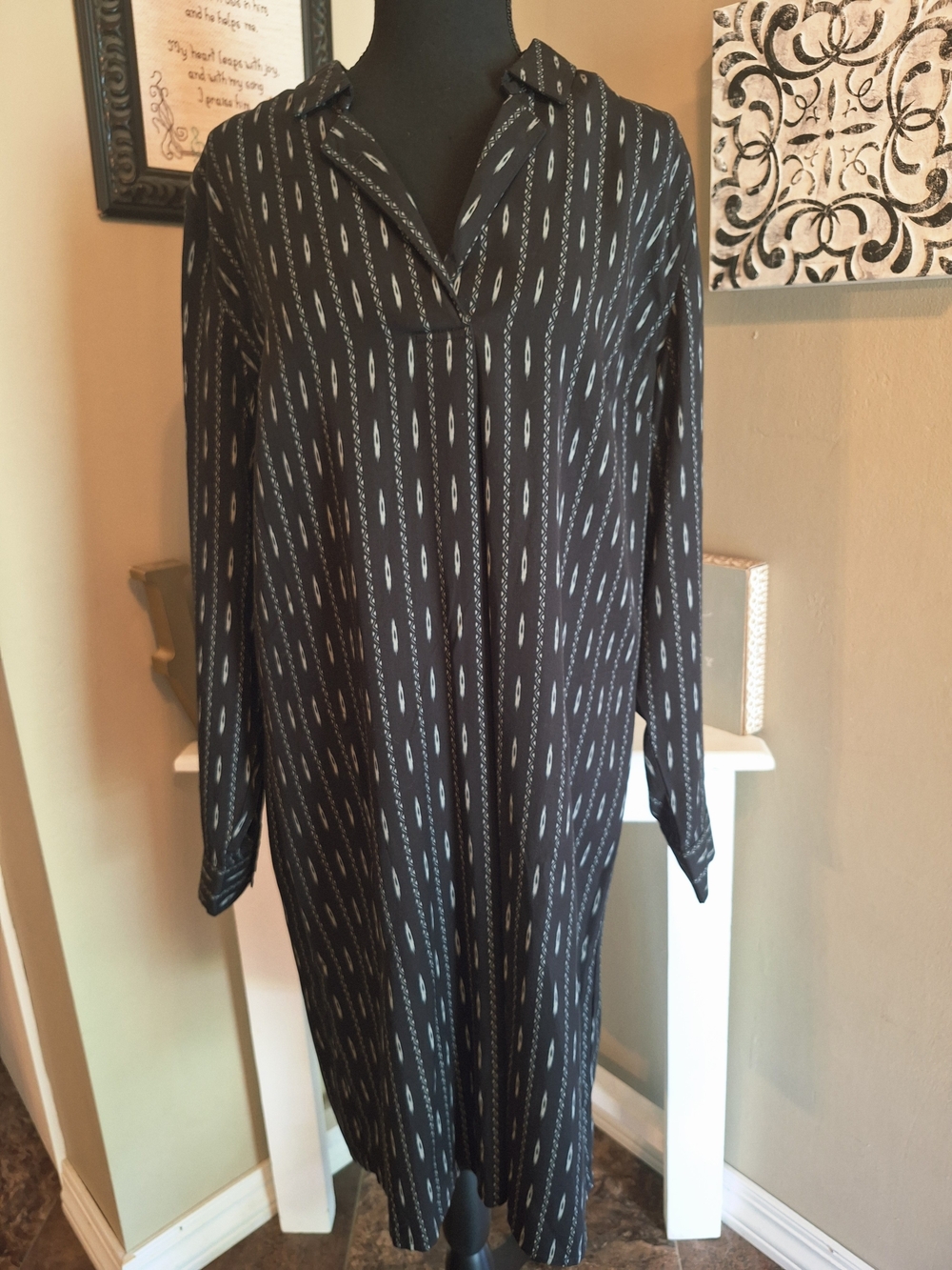 Garnet Hill Black Aztec Long Sleeve Patterned Shirt Dress M